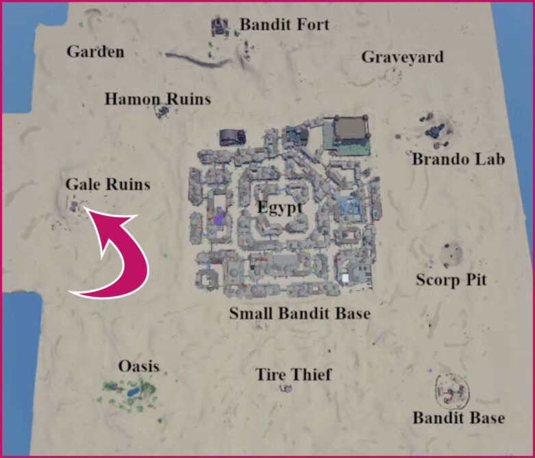Map showing the Gale Ruins location in Project Star