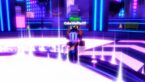 Roblox Anime Infinity Avatar Wearing Silver Helmet Standing On Glowing Purple Floor Near Futuristic City