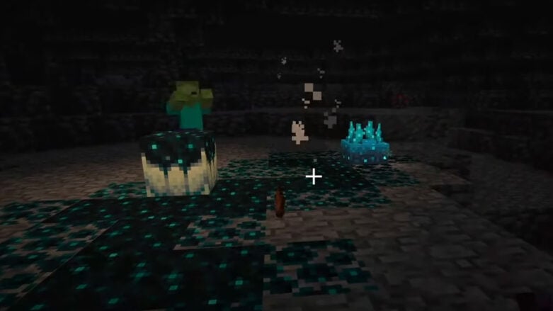 An example of a Sculk Catalyst spreading Sculk after a Zombie kill in Minecraft