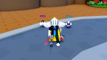 Roblox Anime Hero Simulator Standing On Grey Floor With Two Pets Behind Sasuke Kabuto