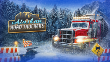 A red semi-truck drives through a winter storm with trees around it with the 