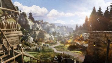 A view of a rocky valley with houses on the left side