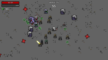 A potato in armor shoots at enemies that are swarming all around him