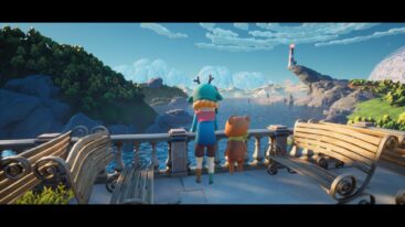 A young character with blonde hair in a blue hat stands alongside their teddy bear friend looking out at the ocean