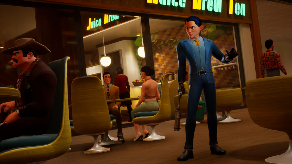 An skinny agent with black hair in a blue suit hold a pistol pointed at the ground with a silencer on it. 
