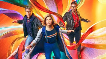 A screenshot from Doctor Who showing the thirteenth Doctor played by Jodie Whittaker and two companions
