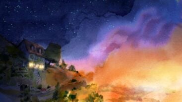 A purple to orange sunset water-color painting over a white house