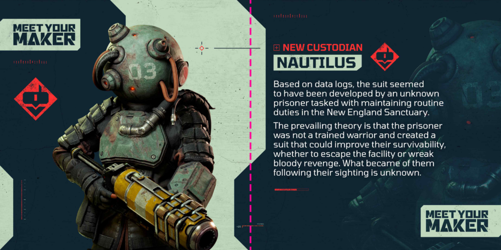 An image of the Nautilus suit from Meet Your Maker's Dreadshore update with a hallowed out mine on its head, holding the demolition cannon, and its backstory of a prisoner who developed the suit but is now gone