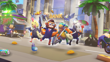 A monkey, a chicken, a crocodile, and a moose dressed in suits run from a bank with duffelbags of money and guns aas people run around them