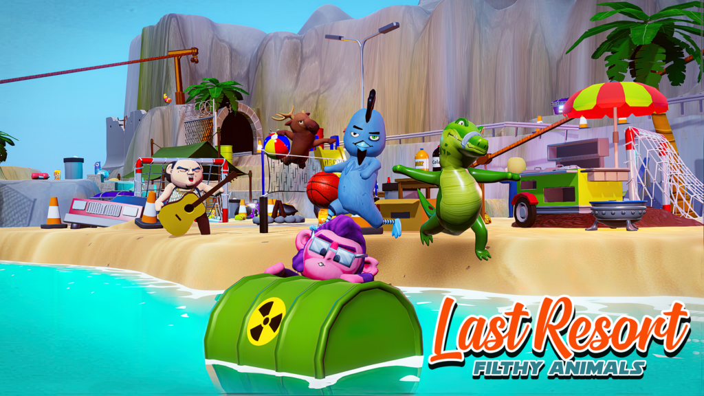 A crocodile, a chicken, and a man party on a beach while a purple monkey floats on a toxic waste barrel at the Last Resort