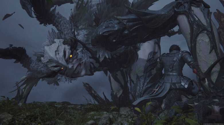 A giant winged humanoid-bird creature with a creepy smile and glowing orange eyes