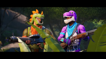 Two men holding guns in separate purple and green dinosaurs look at each other unsure