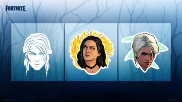 Three cosmetics from The Witcher collab in Fortnite, all three emotes including one with Ciri looking stern in a white drawing, Yennefer surrounded by fire, and Ciri looking more determined