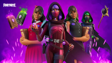 A witch variant of the Isabelle skin from Fortnite with hood and different colored hair, as well as a green or pink tome