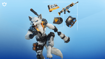 A humanoid white fox with a bat with a long handle, next to a weapon wrap, disc, and backpack that match in black and gold colors