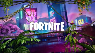 Fortnite's mega city seen through a jungle canopy