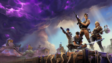 Four characters stand holding weapons on a barricade with zombie hands clawing at it, a large purple cloud forms behind them