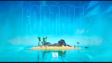A single island sits in the middle of a blue ocean with large letters that say 
