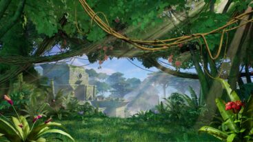 A canopy of trees and vines, with a clear view of a temple in the background.