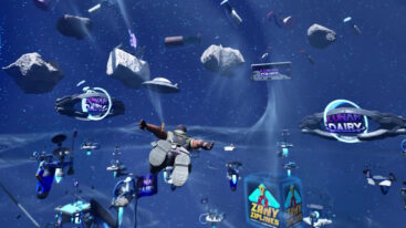 A character from Fortnite floats in space around islands