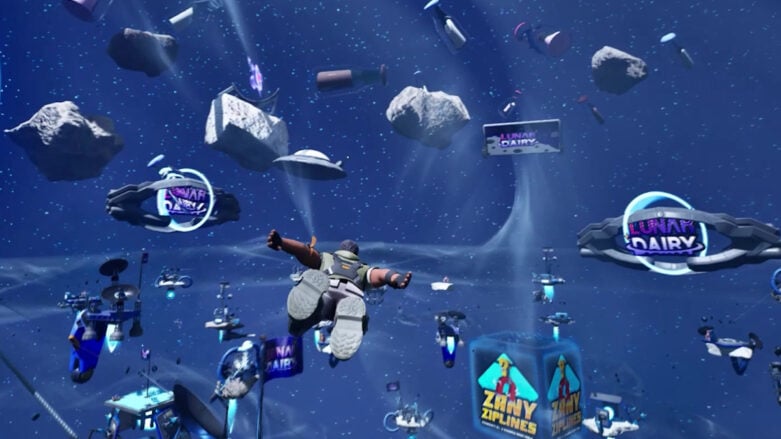 Un personaje de Fortnite flota en el espacio alrededor de las islas