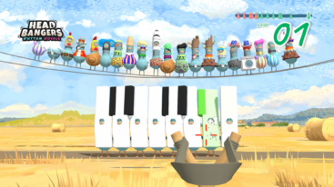 More than a dozen birds sit on a telephone wire while another bird hits piano keys from afar on the ground