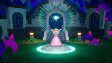 Princess Peach holding her arms upwards toward a light as a platform at her feet lights up