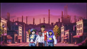 Tinkerer, Wiz, Champ, and Leader all stand side by side in a downtown area looking confused and worries