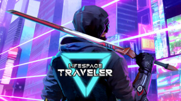 A character in a black mask stands with their back to the camera and a samurai sword resting on their shoulders. The title, Lifespace Traveler, sits on a downward facing blue triangle.