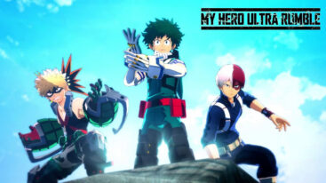 Deku, Bakugo, and Shoto standing on a rock ready to fight with the 