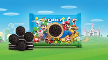 An image showing oreos with different Mario characters' faces on them and a package with Mario, Bowser, Koopas and other characters on them