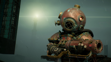 A suit from Meet Your Maker with a large diving helmet and a large cannon-like gun