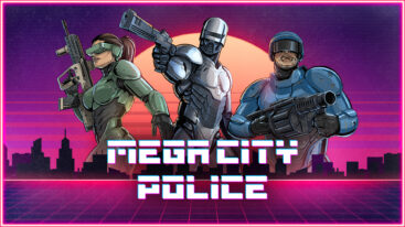 Three robotic police officers with guns stand over the logo for Mega City Police