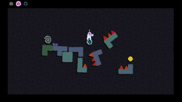 A character stands on a circle with an x inside of it with different Tetris shaped pieces around him, some with spikes