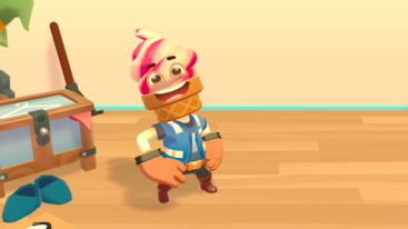 A humanoid with an ice cream cone for a head smiling with its hands on its hips