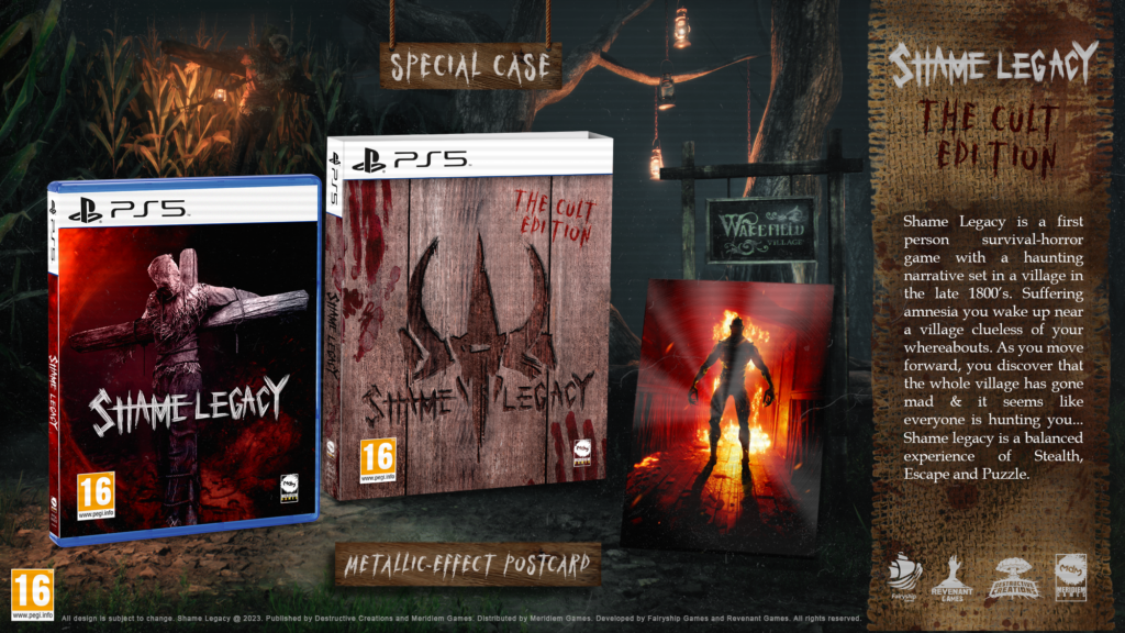 An image of the boxed edition of Shame Legacy with a special case that looks like wooden boards with the logo carved in and a fiery postcard with a tall lanky monsters silhouette