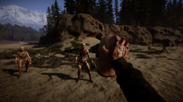 A character holds up a bald cannibal head to scare off three cannibals in front of them