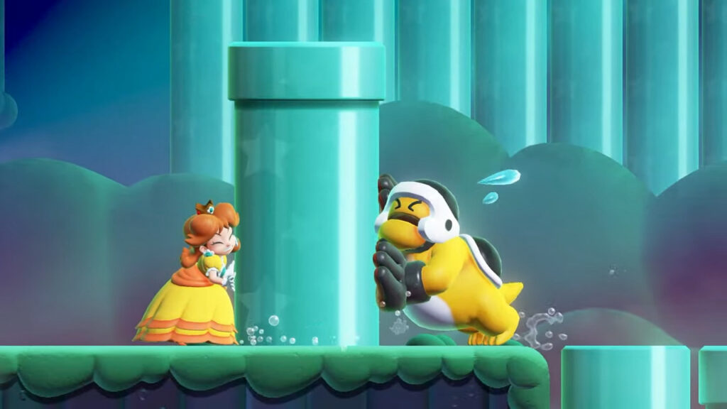 Princess Daisy and a large Koopa push back and forth on a pipe sticking up out of the ground