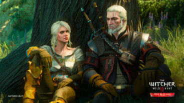 Geralt and Ciri look at each other while sitting under a tree