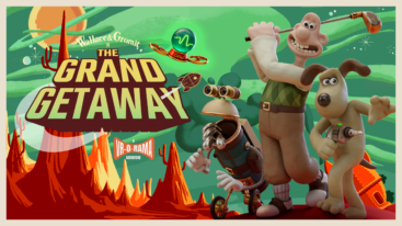 Wallace and Gromit stand on a martian-like alien planet alongside a robot with a wheel and a large lid on a hinge for a mouth