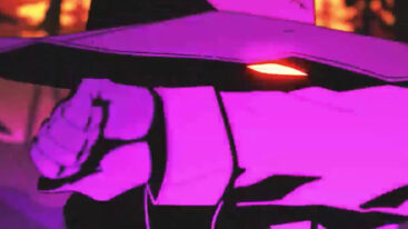 A wizard in purple robes and a purple hat guards their face with their arm