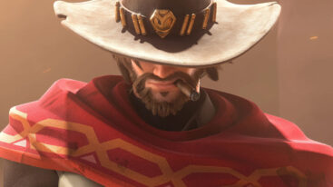 Cassidy from Overwatch 2 wearing a cowboy hat tilted down and smoking a cigar.