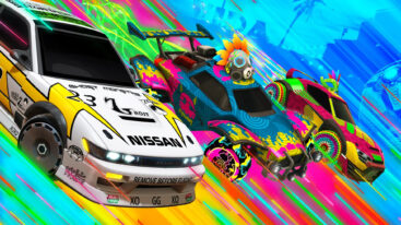 A series of three different shaped cars from Rocket League slapped with neon paint and driving on neon lines