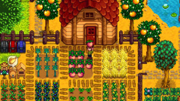 Character in Stardew Valley holding a vegetable while standing in the middle of a farm.