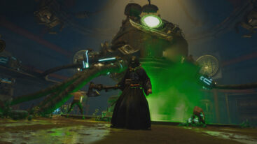 Someone in dark robes and wielding a scrap metal axe stands in front of others and green smoke