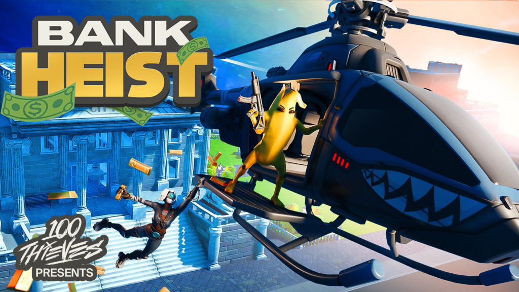 Peely holds a gun towards the sky while riding on the side of a helicopter leaving the scene of the bank robbery