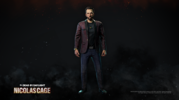A character render of Nicolas Cage from Dead by Daylight in a maroon suit jacket with blue pants and a leopard print belt buckle