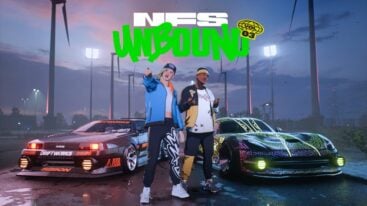 Two characters from Need for Speed Unbound standing outside two cars