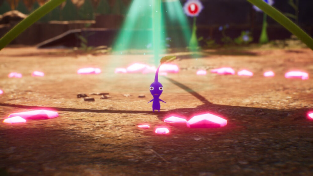 A blue Pikmin from Pikmin 4 stands under the onion