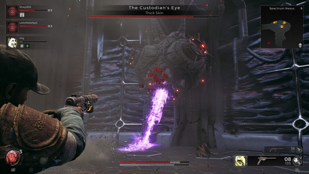 A player shoots a large floating robot rapidly for 19 damage as it shoots out a purple laser in front of him